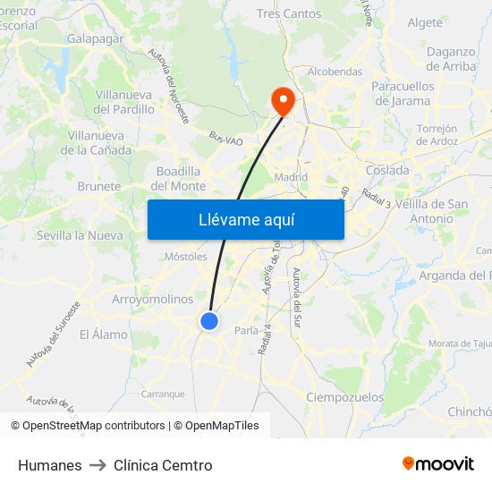 Humanes to Clínica Cemtro map