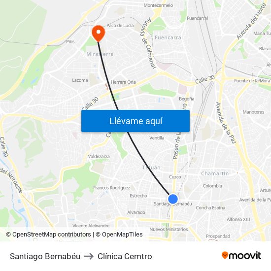 Santiago Bernabéu to Clínica Cemtro map