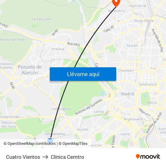 Cuatro Vientos to Clínica Cemtro map