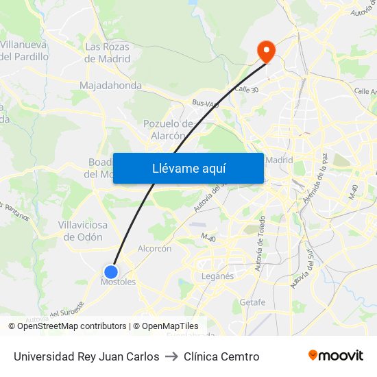 Universidad Rey Juan Carlos to Clínica Cemtro map