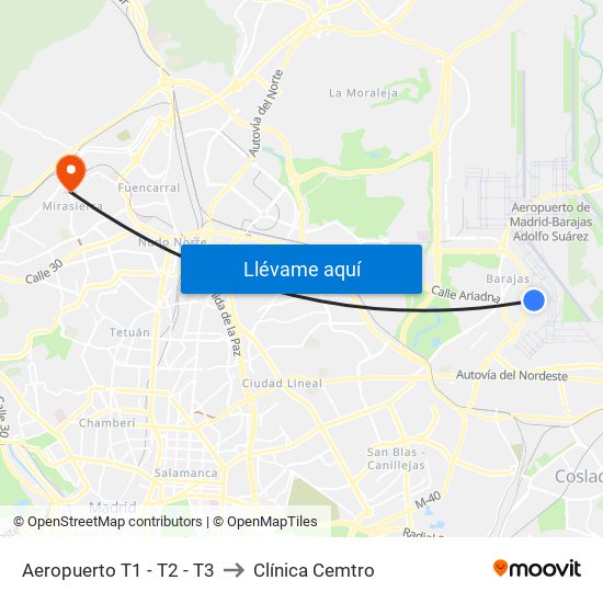 Aeropuerto T1 - T2 - T3 to Clínica Cemtro map