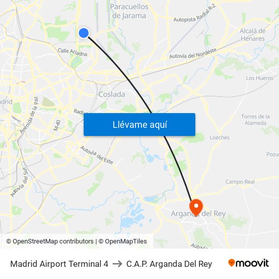 Madrid Airport Terminal 4 to C.A.P. Arganda Del Rey map