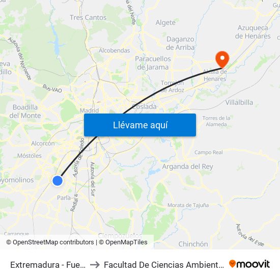 Extremadura - Fuente to Facultad De Ciencias Ambientales map
