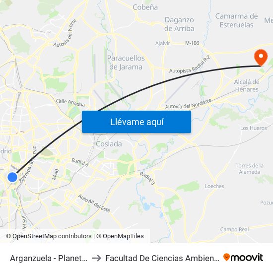 Arganzuela - Planetario to Facultad De Ciencias Ambientales map