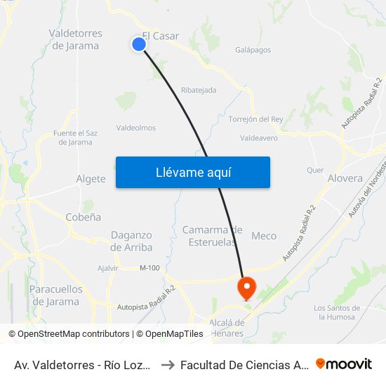 Av. Valdetorres - Río Lozoya, El Casar to Facultad De Ciencias Ambientales map