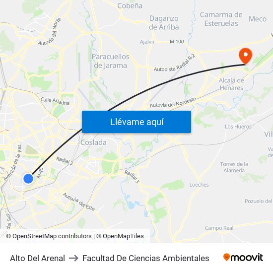 Alto Del Arenal to Facultad De Ciencias Ambientales map