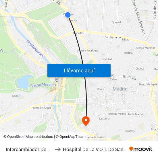 Intercambiador De Moncloa to Hospital De La V.O.T. De San Francisco map