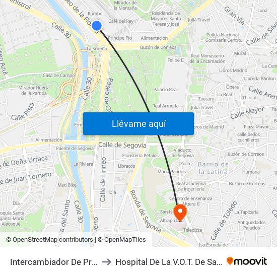 Intercambiador De Príncipe Pío to Hospital De La V.O.T. De San Francisco map