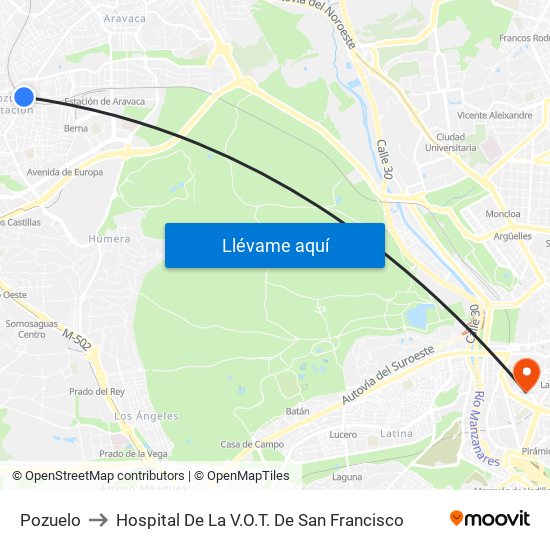 Pozuelo to Hospital De La V.O.T. De San Francisco map