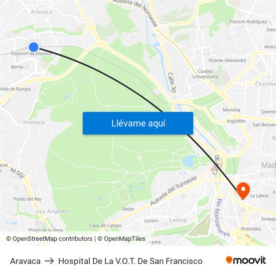 Aravaca to Hospital De La V.O.T. De San Francisco map