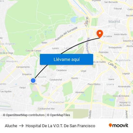 Aluche to Hospital De La V.O.T. De San Francisco map