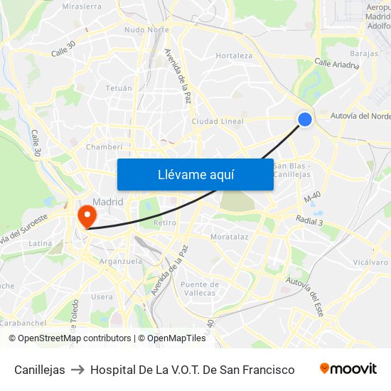 Canillejas to Hospital De La V.O.T. De San Francisco map