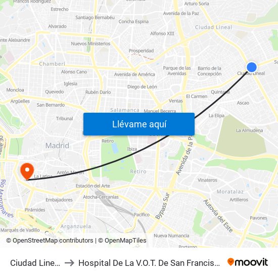 Ciudad Lineal to Hospital De La V.O.T. De San Francisco map