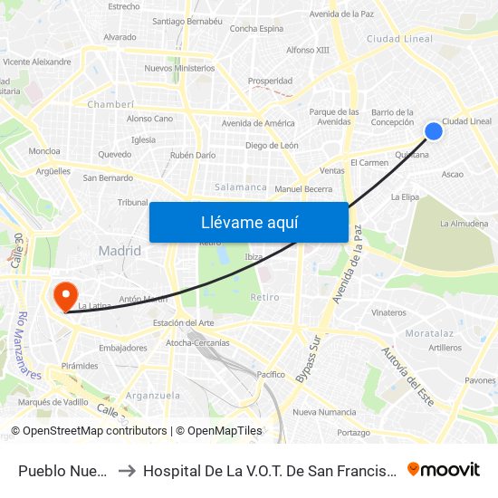 Pueblo Nuevo to Hospital De La V.O.T. De San Francisco map