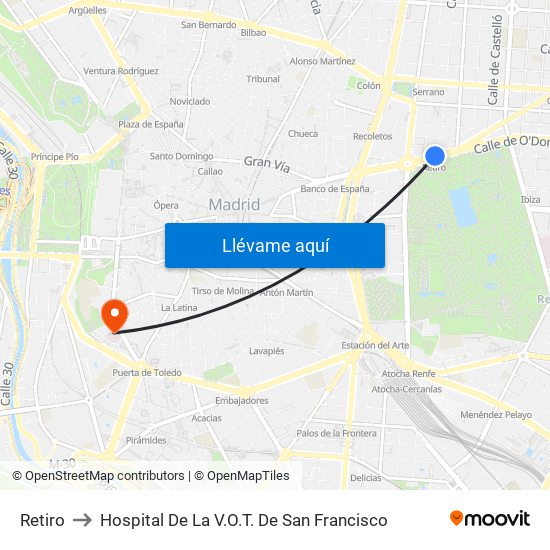 Retiro to Hospital De La V.O.T. De San Francisco map