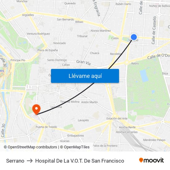 Serrano to Hospital De La V.O.T. De San Francisco map