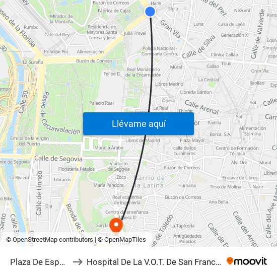 Plaza De España to Hospital De La V.O.T. De San Francisco map