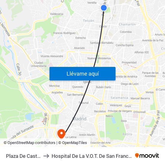 Plaza De Castilla to Hospital De La V.O.T. De San Francisco map