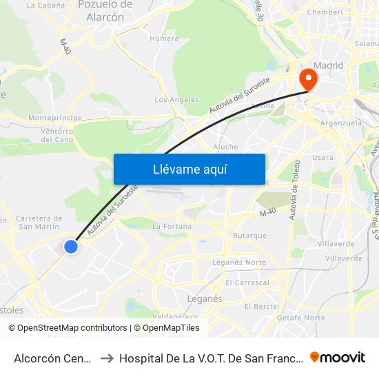 Alcorcón Central to Hospital De La V.O.T. De San Francisco map