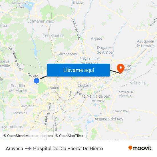 Aravaca to Hospital De Día Puerta De Hierro map
