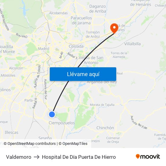 Valdemoro to Hospital De Día Puerta De Hierro map