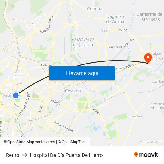 Retiro to Hospital De Día Puerta De Hierro map