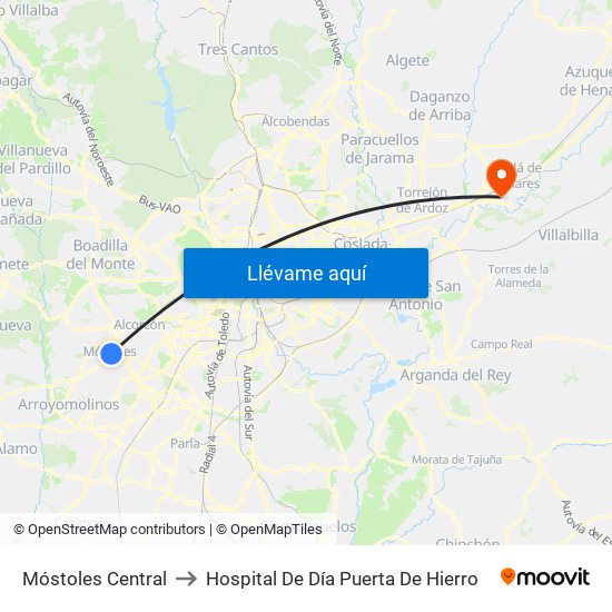 Móstoles Central to Hospital De Día Puerta De Hierro map