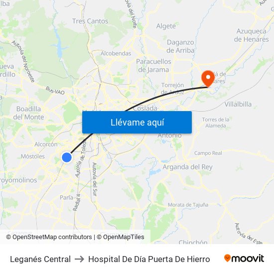 Leganés Central to Hospital De Día Puerta De Hierro map
