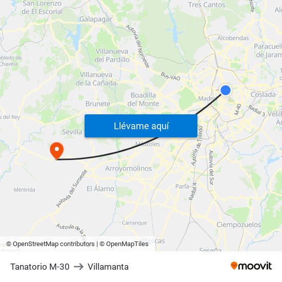 Tanatorio M-30 to Villamanta map