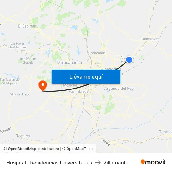 Hospital - Residencias Universitarias to Villamanta map
