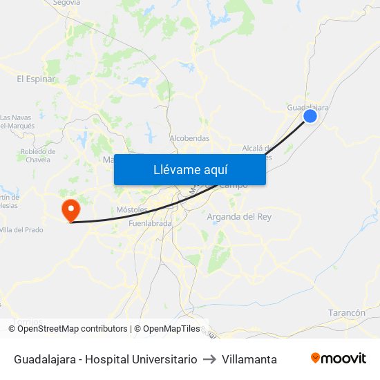 Guadalajara - Hospital Universitario to Villamanta map