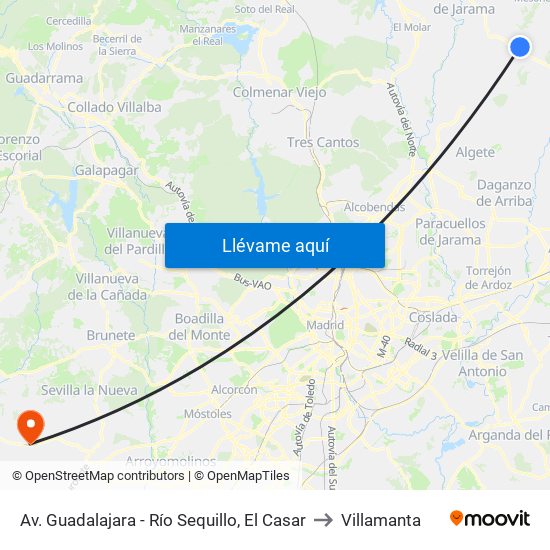 Av. Guadalajara - Río Sequillo, El Casar to Villamanta map