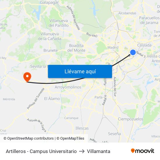 Artilleros - Campus Universitario to Villamanta map