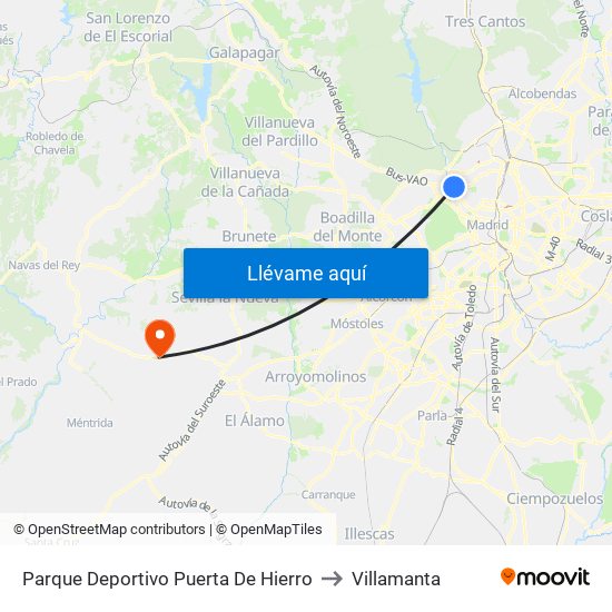 Parque Deportivo Puerta De Hierro to Villamanta map