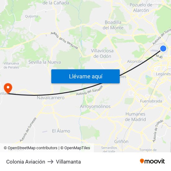 Colonia Aviación to Villamanta map
