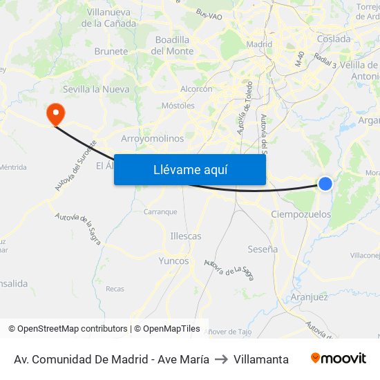 Av. Comunidad De Madrid - Ave María to Villamanta map