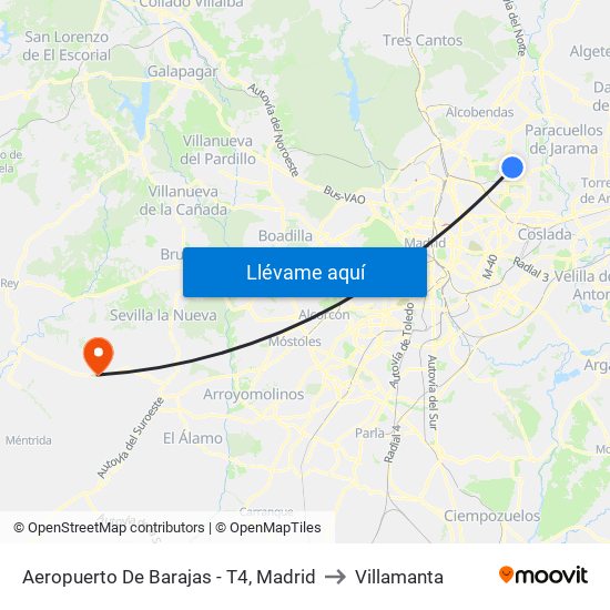 Aeropuerto De Barajas - T4, Madrid to Villamanta map