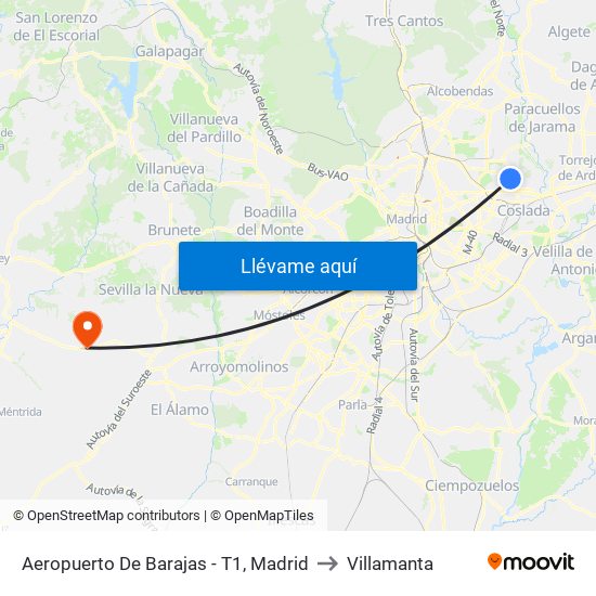 Aeropuerto De Barajas - T1, Madrid to Villamanta map