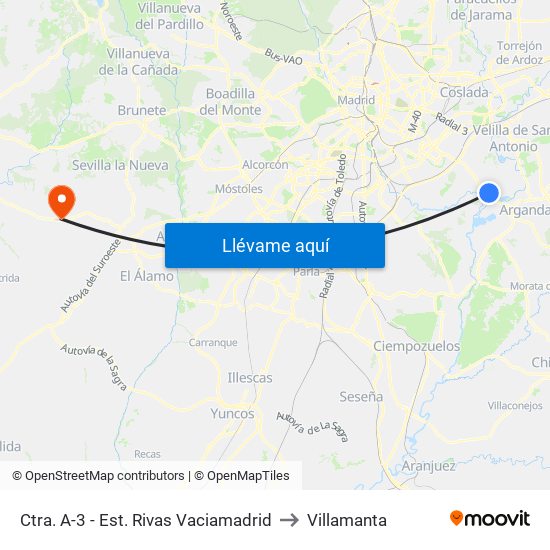 Ctra. A-3 - Est. Rivas Vaciamadrid to Villamanta map