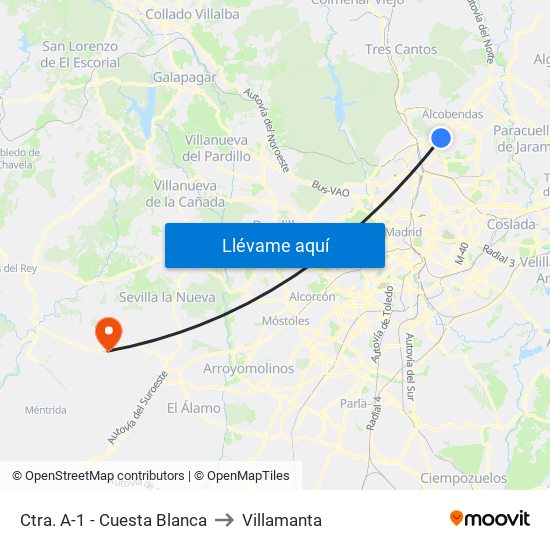 Ctra. A-1 - Cuesta Blanca to Villamanta map