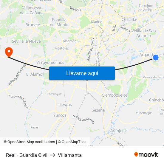 Real - Guardia Civil to Villamanta map