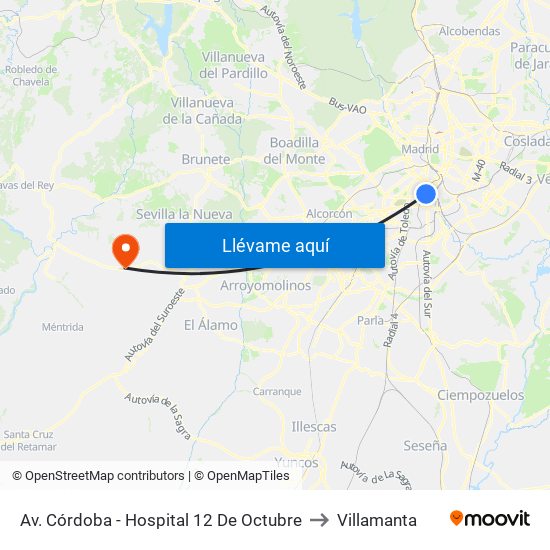 Av. Córdoba - Hospital 12 De Octubre to Villamanta map