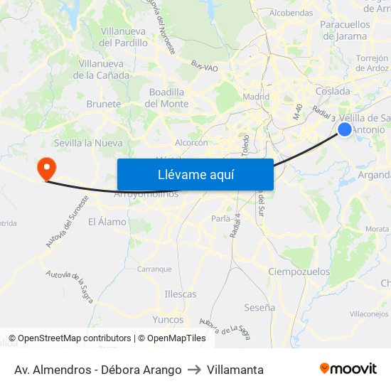 Av. Almendros - Débora Arango to Villamanta map