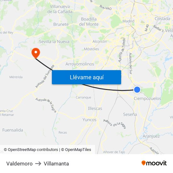 Valdemoro to Villamanta map