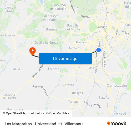 Las Margaritas - Universidad to Villamanta map
