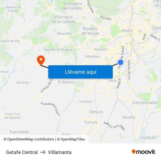 Getafe Central to Villamanta map