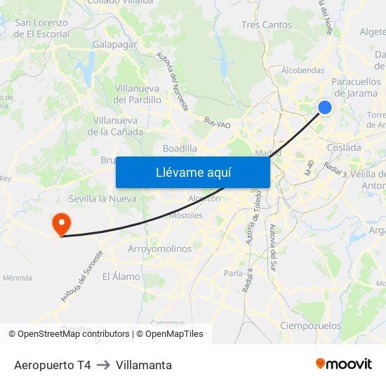 Aeropuerto T4 to Villamanta map
