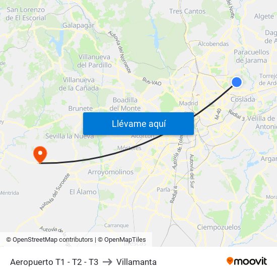 Aeropuerto T1 - T2 - T3 to Villamanta map