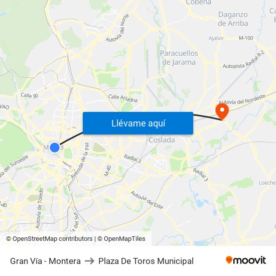 Gran Vía - Montera to Plaza De Toros Municipal map