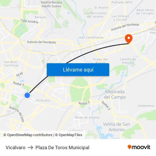 Vicálvaro to Plaza De Toros Municipal map